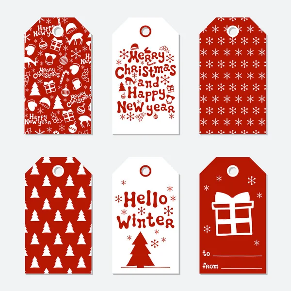 Noel ve yeni yıl hediye etiketleri. Kartları xmas çizim öğeleri el ile ayarlayın. Tatil kağıt etiket kırmızı ve beyaz koleksiyonu. Mevsimlik rozet Satılık tasarım. Doku. Yazdırın. Vektör çizim.