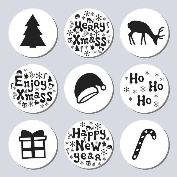 Christmas New Year gift round stickers. Labels xmas set. Hand drawn decorative element. Collection of holiday christmas stickers in black white. Texture. Vector illustration. Lettering, calligraphy. — Stock Vector