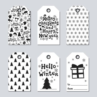 Noel ve yeni yıl hediye etiketleri. Kartları xmas çizim öğeleri el ile ayarlayın. Tatil kağıt etiket siyah beyaz koleksiyonu. Mevsimlik rozet Satılık tasarım. Doku. Yazdırın. Vektör çizim.