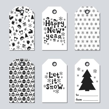 Noel ve yeni yıl hediye etiketleri. Kartları xmas çizim öğeleri el ile ayarlayın. Tatil kağıt etiket siyah beyaz koleksiyonu. Mevsimlik rozet Satılık tasarım. Doku. Yazdırın. Vektör çizim.