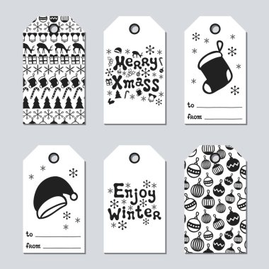 Noel ve yeni yıl hediye etiketleri. Kartları xmas çizim öğeleri el ile ayarlayın. Tatil kağıt etiket siyah beyaz koleksiyonu. Mevsimlik rozet Satılık tasarım. Doku. Yazdırın. Vektör çizim.