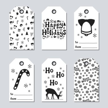 Noel ve yeni yıl hediye etiketleri. Kartları xmas çizim öğeleri el ile ayarlayın. Tatil kağıt etiket siyah beyaz koleksiyonu. Mevsimlik rozet Satılık tasarım. Doku. Yazdırın. Vektör çizim.