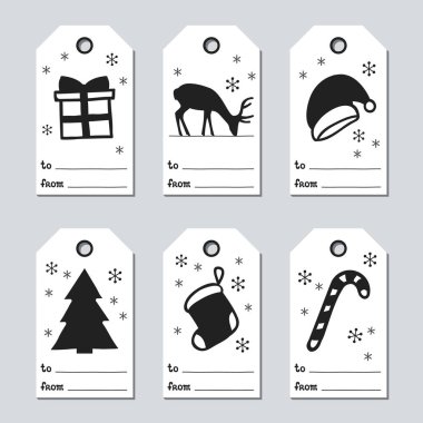 Noel ve yeni yıl hediye etiketleri. Kartları xmas çizim öğeleri el ile ayarlayın. Tatil kağıt etiket siyah beyaz koleksiyonu. Mevsimlik rozet Satılık tasarım. Doku. Yazdırın. Vektör çizim.