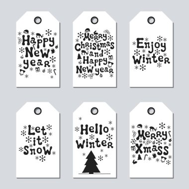 Noel ve yeni yıl hediye etiketleri. Xmas kümesi kartları. Elle çizilmiş öğeleri. Tatil kağıt etiket siyah beyaz koleksiyonu. Mevsimlik rozet Satılık tasarım. Doku. Yazdırın. Vektör çizim. Yazı.