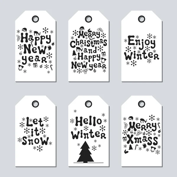 Noel ve yeni yıl hediye etiketleri. Xmas kümesi kartları. Elle çizilmiş öğeleri. Tatil kağıt etiket siyah beyaz koleksiyonu. Mevsimlik rozet Satılık tasarım. Doku. Yazdırın. Vektör çizim. Yazı.