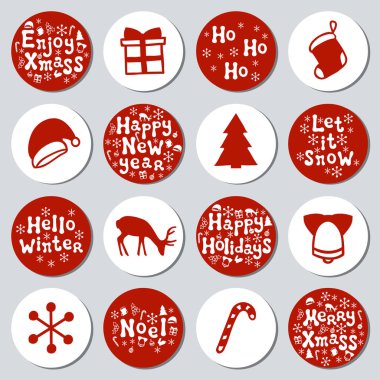 Yılbaşı yeni yıl hediye yuvarlak çıkartmaları. Xmas kümesi Etiketler. Elle çizilmiş dekoratif unsur. Tatil Noel çıkartmaları kırmızı beyazlı topluluğu. Doku. Vektör çizim. Yazı, kaligrafi.