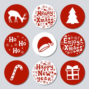 Yılbaşı yeni yıl hediye yuvarlak çıkartmaları. Xmas kümesi Etiketler. Elle çizilmiş dekoratif unsur. Tatil Noel çıkartmaları kırmızı beyazlı topluluğu. Doku. Vektör çizim. Yazı, kaligrafi.