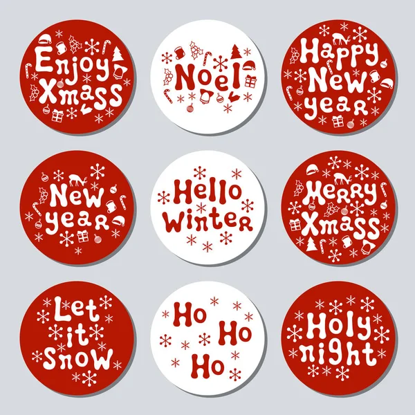 Christmas New Year gift round stickers. Labels xmas set. Hand drawn decorative element. Collection of holiday christmas stickers in red white. Texture. Vector illustration. Lettering, calligraphy. — Stock Vector