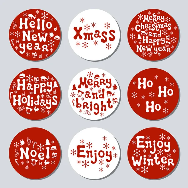 Christmas New Year gift round stickers. Labels xmas set. Hand drawn decorative element. Collection of holiday christmas stickers in red white. Texture. Vector illustration. Lettering, calligraphy. — Stock Vector