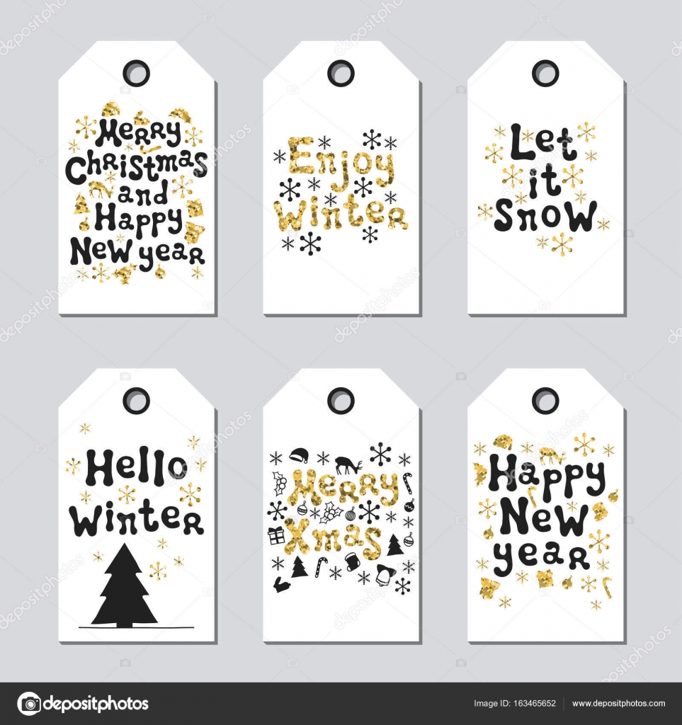 christmas and new year gift tags cards xmas gold set hand drawn