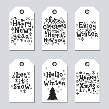 Noel ve yeni yıl hediye etiketleri. Xmas kümesi kartları. Elle çizilmiş öğeleri. Tatil kağıt etiket siyah beyaz koleksiyonu. Mevsimlik rozet Satılık tasarım. Doku. Yazdırın. Vektör çizim. Yazı.