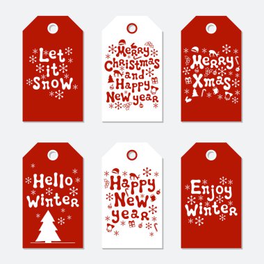Noel ve yeni yıl hediye etiketleri. Xmas kümesi kartları. Elle çizilmiş öğeleri. Tatil kağıt etiket kırmızı ve beyaz koleksiyonu. Mevsimlik rozet Satılık tasarım. Doku. Yazdırın. Vektör çizim. Yazı.