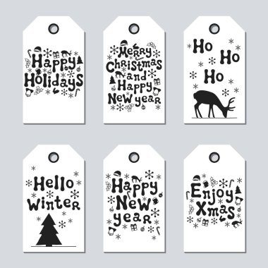 Noel ve yeni yıl hediye etiketleri. Xmas kümesi kartları. Elle çizilmiş öğeleri. Tatil kağıt etiket siyah beyaz koleksiyonu. Mevsimlik rozet Satılık tasarım. Doku. Yazdırın. Vektör çizim. Yazı.