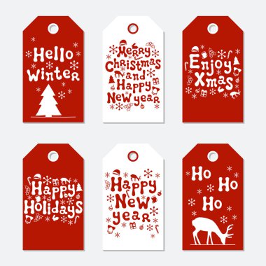 Noel ve yeni yıl hediye etiketleri. Xmas kümesi kartları. Elle çizilmiş öğeleri. Tatil kağıt etiket kırmızı ve beyaz koleksiyonu. Mevsimlik rozet Satılık tasarım. Doku. Yazdırın. Vektör çizim. Yazı.