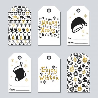 Noel ve yeni yıl hediye etiketleri. Kartları xmas altın ayarlayın. Elle çizilmiş öğe. Tatil kağıt etiket siyah beyaz koleksiyonu. Mevsimlik rozet Satılık tasarım. Altın doku. Yazdırın. Vektör çizim.