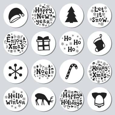 Yılbaşı yeni yıl hediye yuvarlak çıkartmaları. Xmas kümesi Etiketler. Elle çizilmiş dekoratif unsur. Tatil Noel çıkartmaları siyah beyazlı topluluğu. Doku. Vektör çizim. Yazı, kaligrafi.