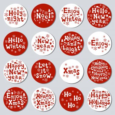 Yılbaşı yeni yıl hediye yuvarlak çıkartmaları. Xmas kümesi Etiketler. Elle çizilmiş dekoratif unsur. Tatil Noel çıkartmaları kırmızı beyazlı topluluğu. Doku. Vektör çizim. Yazı, kaligrafi.