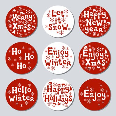 Yılbaşı yeni yıl hediye yuvarlak çıkartmaları. Xmas kümesi Etiketler. Elle çizilmiş dekoratif unsur. Tatil Noel çıkartmaları kırmızı beyazlı topluluğu. Doku. Vektör çizim. Yazı, kaligrafi.