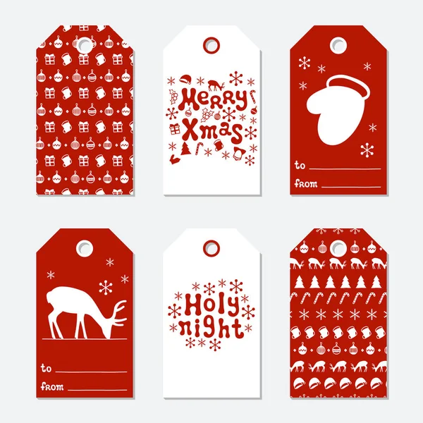 Weihnachten und Neujahr Geschenkanhänger. Karten Weihnachtsset mit handgezeichneten Elementen. Sammlung von Urlaubspapieretiketten in rot und weiß. Saisonabzeichen-Verkauf Design. Textur. Druck. Vektorillustration. — Stockvektor