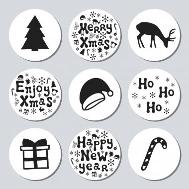 Yılbaşı yeni yıl hediye yuvarlak çıkartmaları. Xmas kümesi Etiketler. Elle çizilmiş dekoratif unsur. Tatil Noel çıkartmaları siyah beyazlı topluluğu. Doku. Vektör çizim. Yazı, kaligrafi.