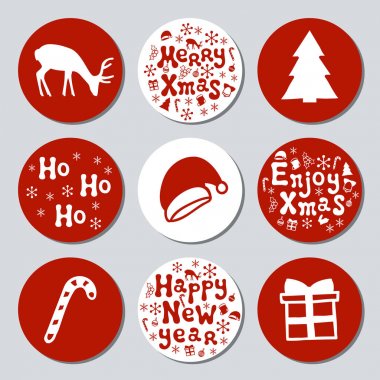 Yılbaşı yeni yıl hediye yuvarlak çıkartmaları. Xmas kümesi Etiketler. Elle çizilmiş dekoratif unsur. Tatil Noel çıkartmaları kırmızı beyazlı topluluğu. Doku. Vektör çizim. Yazı, kaligrafi.
