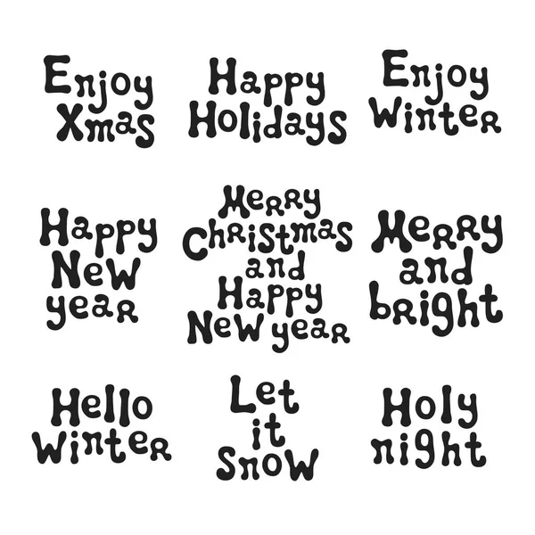 Christmas and New Year calligraphy phrases set. Handwritten brush seasons lettering collection. Xmas phrases. Hand drawn design elements. Happy holidays. Greeting card text. Christmas calligraphy. — Stock Vector