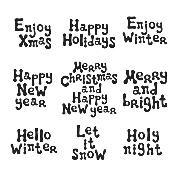 Weihnachten und Neujahr Kalligraphie Phrasen gesetzt. Handgeschriebene Pinsel Saisons Schriftzüge Sammlung. Weihnachtsfloskeln. handgezeichnete Gestaltungselemente. Frohe Feiertage. Grußkarten-Text. Weihnachtskalligraphie. — Stockvektor