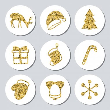 Yılbaşı yeni yıl altın hediye yuvarlak çıkartmaları. Xmas kümesi Etiketler. Elle çizilmiş glitter dekoratif unsur. Parlak tatil Noel çıkartmaları topluluğu. Vektör çizim. Yazı, kaligrafi.