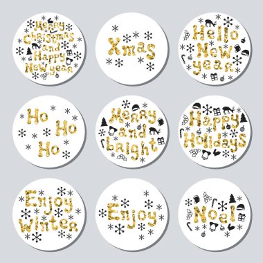Yılbaşı yeni yıl altın hediye yuvarlak çıkartmaları. Xmas kümesi Etiketler. Elle çizilmiş glitter dekoratif unsur. Parlak tatil Noel çıkartmaları topluluğu. Vektör çizim. Yazı, kaligrafi.