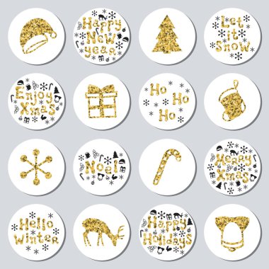Yılbaşı yeni yıl altın hediye yuvarlak çıkartmaları. Xmas kümesi Etiketler. Elle çizilmiş glitter dekoratif unsur. Parlak tatil Noel çıkartmaları topluluğu. Vektör çizim. Yazı, kaligrafi.