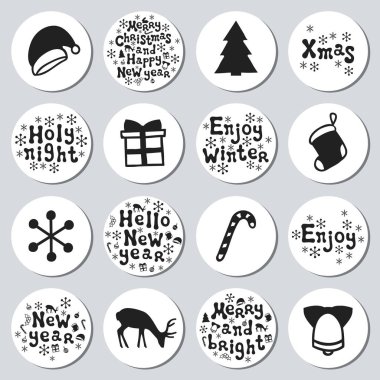 Yılbaşı yeni yıl hediye yuvarlak çıkartmaları. Xmas kümesi Etiketler. Elle çizilmiş dekoratif unsur. Tatil Noel çıkartmaları siyah beyazlı topluluğu. Doku. Vektör çizim. Yazı, kaligrafi.