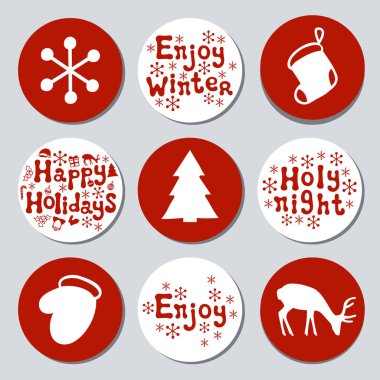 Yılbaşı yeni yıl hediye yuvarlak çıkartmaları. Xmas kümesi Etiketler. Elle çizilmiş dekoratif unsur. Tatil Noel çıkartmaları kırmızı beyazlı topluluğu. Doku. Vektör çizim. Yazı, kaligrafi.