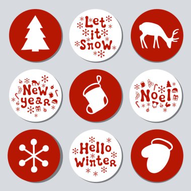 Yılbaşı yeni yıl hediye yuvarlak çıkartmaları. Xmas kümesi Etiketler. Elle çizilmiş dekoratif unsur. Tatil Noel çıkartmaları kırmızı beyazlı topluluğu. Doku. Vektör çizim. Yazı, kaligrafi.