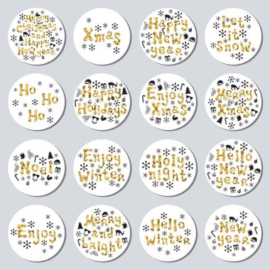 Yılbaşı yeni yıl altın hediye yuvarlak çıkartmaları. Xmas kümesi Etiketler. Elle çizilmiş glitter dekoratif unsur. Parlak tatil Noel çıkartmaları topluluğu. Vektör çizim. Yazı, kaligrafi.