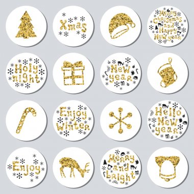 Yılbaşı yeni yıl altın hediye yuvarlak çıkartmaları. Xmas kümesi Etiketler. Elle çizilmiş glitter dekoratif unsur. Parlak tatil Noel çıkartmaları topluluğu. Vektör çizim. Yazı, kaligrafi.