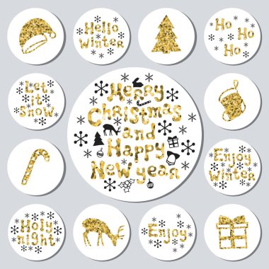 Yılbaşı yeni yıl altın hediye yuvarlak çıkartmaları. Xmas kümesi Etiketler. Elle çizilmiş glitter dekoratif unsur. Parlak tatil Noel çıkartmaları topluluğu. Vektör çizim. Yazı, kaligrafi.