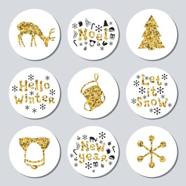 Yılbaşı yeni yıl altın hediye yuvarlak çıkartmaları. Xmas kümesi Etiketler. Elle çizilmiş glitter dekoratif unsur. Parlak tatil Noel çıkartmaları topluluğu. Vektör çizim. Yazı, kaligrafi.
