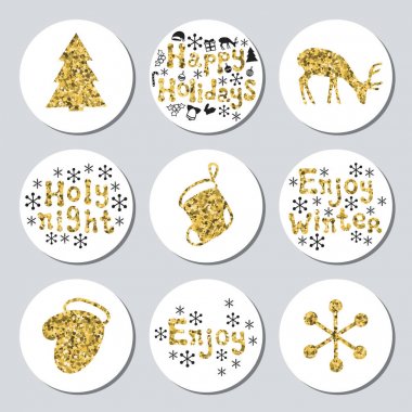 Yılbaşı yeni yıl altın hediye yuvarlak çıkartmaları. Xmas kümesi Etiketler. Elle çizilmiş glitter dekoratif unsur. Parlak tatil Noel çıkartmaları topluluğu. Vektör çizim. Yazı, kaligrafi.