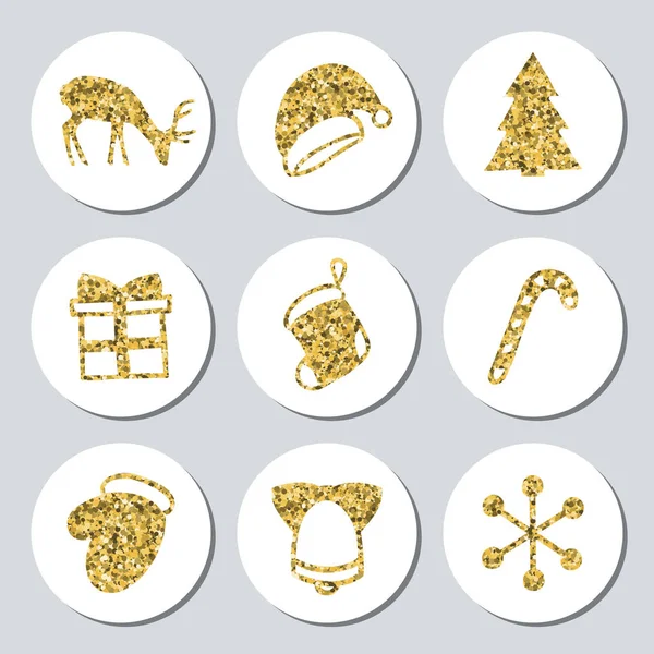 Yılbaşı yeni yıl altın hediye yuvarlak çıkartmaları. Xmas kümesi Etiketler. Elle çizilmiş glitter dekoratif unsur. Parlak tatil Noel çıkartmaları topluluğu. Vektör çizim. Yazı, kaligrafi.