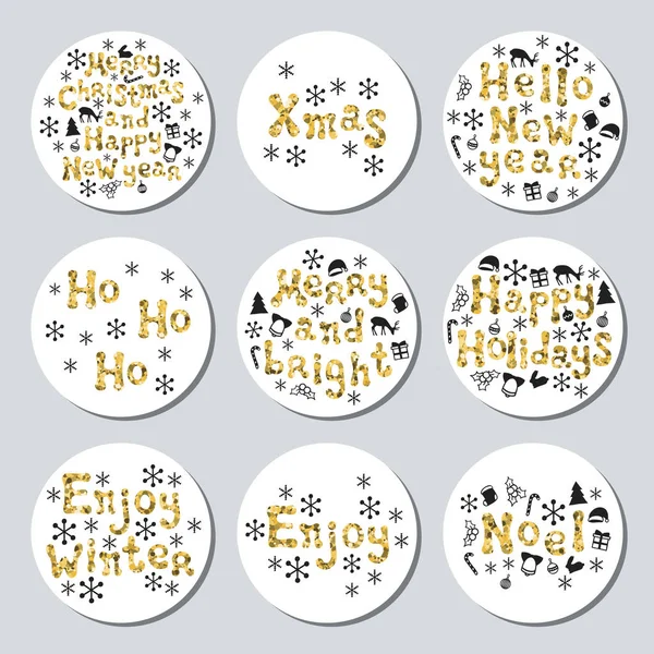 Yılbaşı yeni yıl altın hediye yuvarlak çıkartmaları. Xmas kümesi Etiketler. Elle çizilmiş glitter dekoratif unsur. Parlak tatil Noel çıkartmaları topluluğu. Vektör çizim. Yazı, kaligrafi.