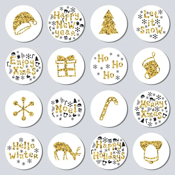 Yılbaşı yeni yıl altın hediye yuvarlak çıkartmaları. Xmas kümesi Etiketler. Elle çizilmiş glitter dekoratif unsur. Parlak tatil Noel çıkartmaları topluluğu. Vektör çizim. Yazı, kaligrafi.