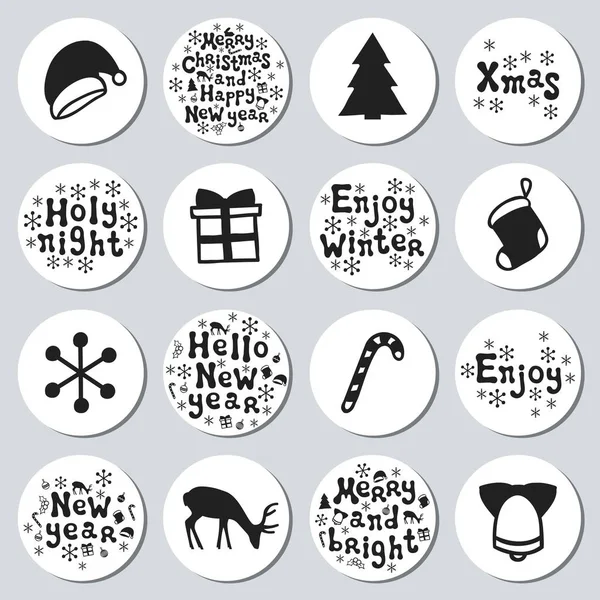 Yılbaşı yeni yıl hediye yuvarlak çıkartmaları. Xmas kümesi Etiketler. Elle çizilmiş dekoratif unsur. Tatil Noel çıkartmaları siyah beyazlı topluluğu. Doku. Vektör çizim. Yazı, kaligrafi.