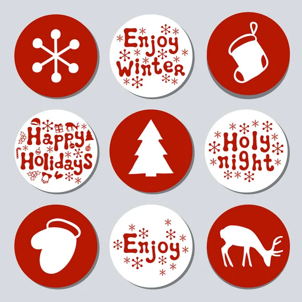 Yılbaşı yeni yıl hediye yuvarlak çıkartmaları. Xmas kümesi Etiketler. Elle çizilmiş dekoratif unsur. Tatil Noel çıkartmaları kırmızı beyazlı topluluğu. Doku. Vektör çizim. Yazı, kaligrafi.
