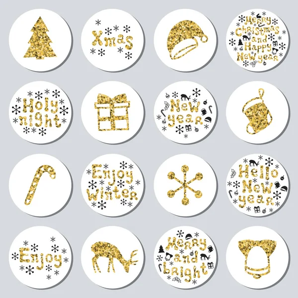 Yılbaşı yeni yıl altın hediye yuvarlak çıkartmaları. Xmas kümesi Etiketler. Elle çizilmiş glitter dekoratif unsur. Parlak tatil Noel çıkartmaları topluluğu. Vektör çizim. Yazı, kaligrafi.