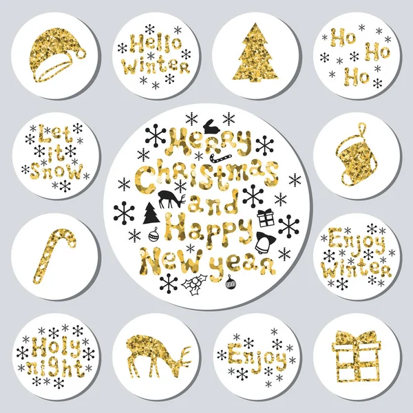 Yılbaşı yeni yıl altın hediye yuvarlak çıkartmaları. Xmas kümesi Etiketler. Elle çizilmiş glitter dekoratif unsur. Parlak tatil Noel çıkartmaları topluluğu. Vektör çizim. Yazı, kaligrafi.