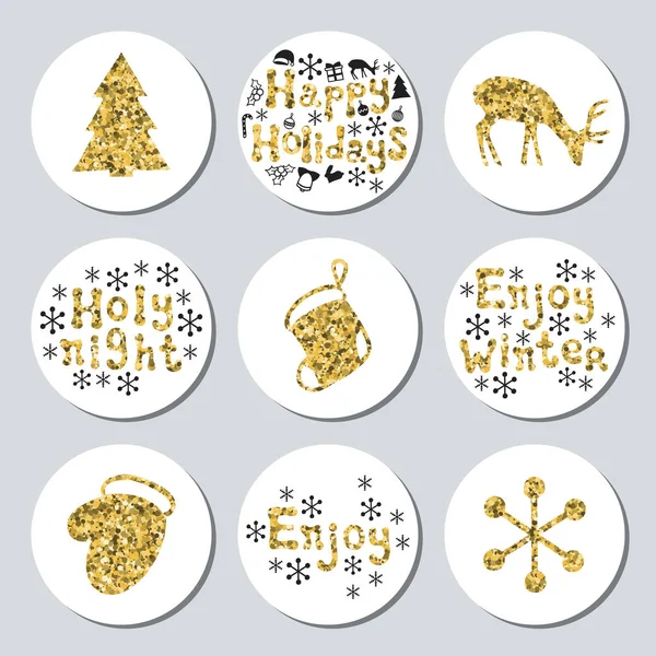 Weihnachten Neujahr goldene Geschenk runde Aufkleber. Etiketten Weihnachtsset. handgezeichnetes Glitzerdekorationselement. Sammlung glänzender Weihnachtsaufkleber. Vektorillustration. Schrift, Kalligrafie. — Stockvektor