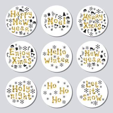 Yılbaşı yeni yıl altın hediye yuvarlak çıkartmaları. Xmas kümesi Etiketler. Elle çizilmiş glitter dekoratif unsur. Parlak tatil Noel çıkartmaları topluluğu. Vektör çizim. Yazı, kaligrafi.