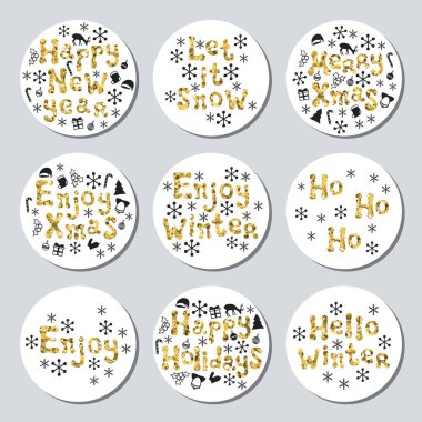 Yılbaşı yeni yıl altın hediye yuvarlak çıkartmaları. Xmas kümesi Etiketler. Elle çizilmiş glitter dekoratif unsur. Parlak tatil Noel çıkartmaları topluluğu. Vektör çizim. Yazı, kaligrafi.