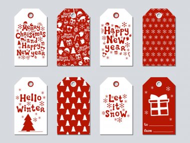 Noel ve yeni yıl hediye etiketleri. Xmas kümesi kartları. Elle çizilmiş öğeleri. Tatil kağıt etiket kırmızı ve beyaz koleksiyonu. Mevsimlik rozet Satılık tasarım. Doku. Yazdırın. Vektör çizim. Yazı.