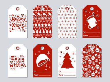 Noel ve yeni yıl hediye etiketleri. Xmas kümesi kartları. Elle çizilmiş öğeleri. Tatil kağıt etiket kırmızı ve beyaz koleksiyonu. Mevsimlik rozet Satılık tasarım. Doku. Yazdırın. Vektör çizim. Yazı.